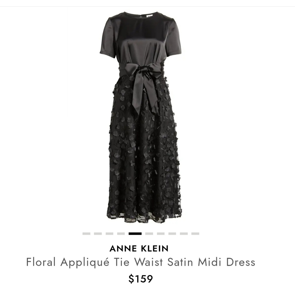 Anne Klein Black Floral Appliqué Satin Midi Dress